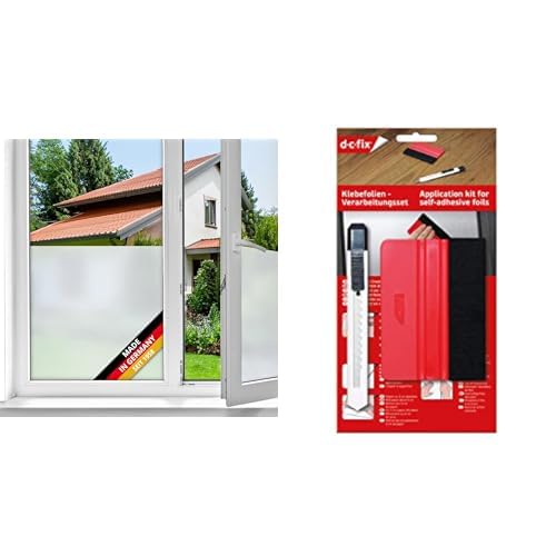 Bundle aus d-c-fix Fensterfolie Opal Milchglas 67,5 cm x 2 m - Selbstklebende Milchglasfolie blickdichte Sichtschutzfolie & Verarbeitungsset mit Rakel und Schneidemesser von d-c-fix