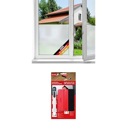 Bundle aus d-c-fix Fensterfolie Opal Milchglas selbstklebend 90 cm x 2,1 m - Milchglasfolie blickdichte Sichtschutzfolie & Verarbeitungsset mit Rakel und Schneidemesser von d-c-fix