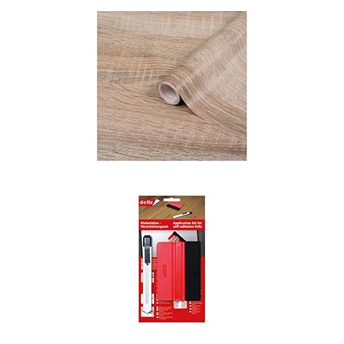 Bundle aus d-c-fix Möbel-Klebefolie Sonoma Eiche Hell Holz-Optik 67,5 cm x 2 m - Möbelfolie Selbstklebende Deko-Folie braun & Verarbeitungsset mit Rakel und Schneidemesser von d-c-fix