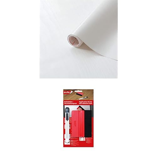 Bundle aus d-c-fix Möbel-Klebefolie Whitewood Holz-Optik 90 cm x 2,1 m - Möbelfolie Selbstklebende Deko-Folie weiß & Verarbeitungsset mit Rakel und Schneidemesser von d-c-fix