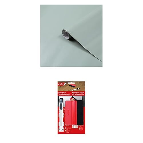 d-c-fix Bundle Möbel-Klebefolie Sage Green matt 45 cm x 2 m - Möbelfolie selbstklebend hell-grün pastell-grün Salbei modern & Verarbeitungsset mit Rakel und Schneidemesser von d-c-fix