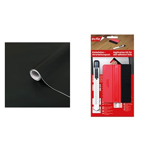 d-c-fix Bundle Möbel-Klebefolie Schwarz matt - Möbelfolie selbstklebend wasserfest & Verarbeitungsset mit Rakel und Schneidemesser von d-c-fix