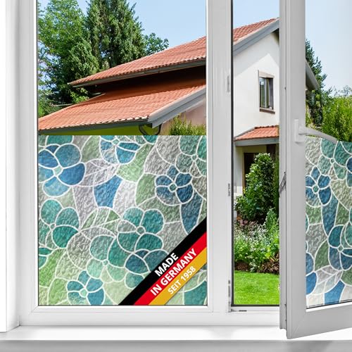 d-c-fix Fensterfolie Lisboa Blau bunt selbstklebend 45 cm x 2 m - blickdichte Sichtschutzfolie - Sichtschutz für Fenster Folie Klebefolie Glasfolie Blumen-Muster Buntglas Mosaik farbig von d-c-fix