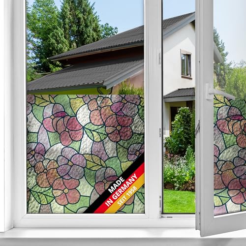 d-c-fix Fensterfolie Lisboa Summer rosa rot bunt statisch selbsthaftend 45 cm x 1,5 m - blickdichte Sichtschutzfolie mit UV-Schutz - Sichtschutz Fenster Folie Blumen-Muster Buntglas Mosaik von d-c-fix