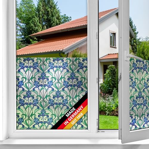 d-c-fix Fensterfolie Minster Blumen-Muster selbstklebend 45 cm x 2 m - blickdichte Sichtschutzfolie - Sichtschutz für Bad-Fenster, Küche - Folie Klebefolie Glasfolie Buntglas Motiv blau bunt von d-c-fix