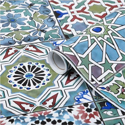 d-c-fix Möbel-Klebefolie Faroso Fliesen-Optik bunt 67,5 cm x 1,5 m - Möbelfolie selbstklebend Deko-Folie Tisch Küche Schrank Bad wasserfest Fliesenfolie Mosaik-Optik Kachel-Muster Retro blau grün von d-c-fix