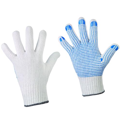 D2D | 1 Paar - Weiße Strickhandschuhe mit Blauen PU-Noppen - Größe: 7 (S) - aus Baumwolle Norm EN 388 - Umzugshandschuhe - Monatgehandschuhe - Rutschfeste Handschuhe von d2d-needs