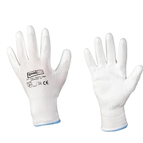 D2D | 12 Paar - White Grip Handschuhe - Größe: 10 (XL) - Weiß aus Polyester mit einer PU Beschichtung - Norm EN 388 - Arbeitshandschuhe - PU-Montagehandschuhe von d2d-needs