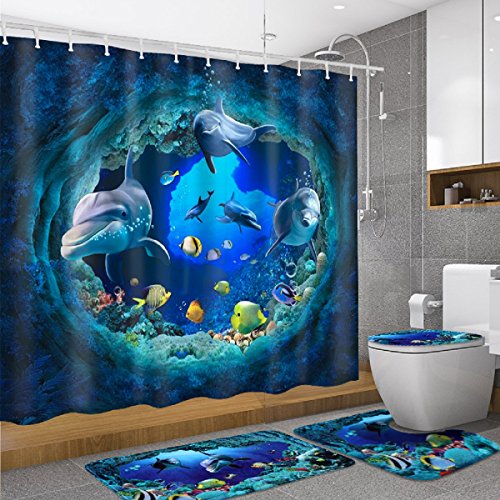 dDanke, Badezimmergarnitur mit Ozean-/Delfin-Motiv (beinhaltet Stoff-Duschvorhang 150 x 180 cm, 10 Haken, Badematte, WC-Deckelbezug, WC-Vorleger) von dDanke