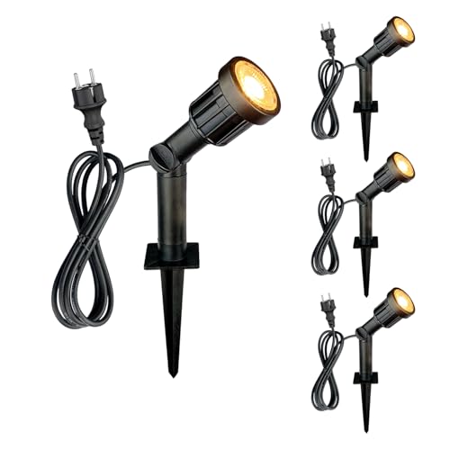 LED Gartenstrahler mit Erdspieß 5w 400lm, IP65 Wasserdicht Schwenkbar Pflanzenstrahler Gartenleuchte Rasenlicht 3000k für Garten Außenbereich, mit 1,500mm Kabel und Verlängertes Rohr (4 Stück) von da LIGHT