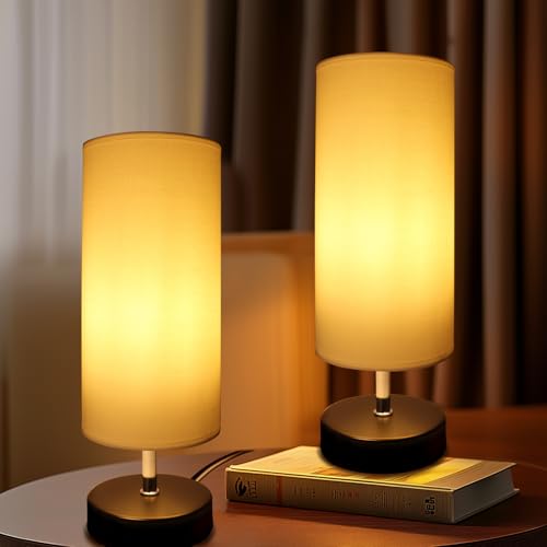 Nachttischlampe Weiß 2er Set (ohne Glühbirnen), Tischlampe mit Kabelschalter, E27 Fassung, Lampenschirm aus Leinenstoff, Modern Tischleuchte für Schlafzimmer, Wohnzimmer, Schreibtisch, Kinderzimmer von da LIGHT