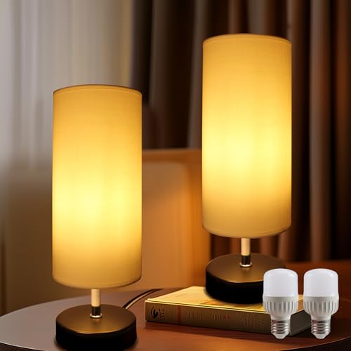 Nachttischlampe Weiß 2er mit 6W Glühbirne, Tischlampe E27 Fassung mit Kabelschalter, 3 Farbtemperaturen 3000K/4000K/6500K mit Memory Funktion, Moderne Tischleuchte LED für Schlafzimmer Wohnzimmer von da LIGHT