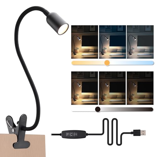 da LIGHT Leselampe Bett Klemme, LED Schreibtischlampe Klemmbar mit 3 Farbtemperaturen, Dimmbare Klemmlampe Bett, USB Tischlampe mit Kabel Schwarz für Studieren Lesen Arbeiten von da LIGHT