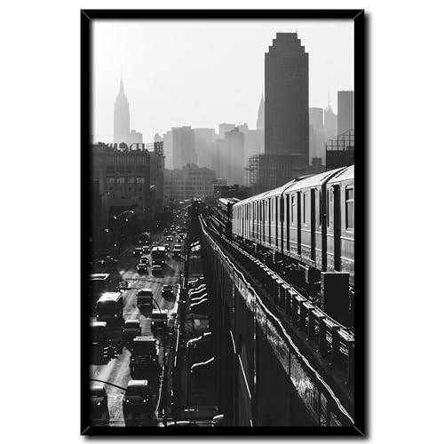 Bild New York Manhattan Train mit Rahmen 20 x 30 cm (AUFHÄNGFERTIG) - Blick auf die New York City Subway - Gerahmtes Wandbild - Bilder Set - schwarzweiß schwarzweiss schwarz weiss weiß von daazoo