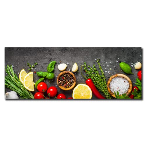 daazoo Küchenbild Fresh Mélange 30 x 80 x 0,4 cm I Glasbild | Frische Kräuter & Gewürze | Tomaten Zitrone Pfeffer Salz Chili Knoblauch Rosmarin I Bild auf Glas I Küche Esszimmer | Home Deko XXL von daazoo