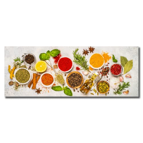 Küchenbild Herbs & Spices 30 x 80 x 0,4 cm I Glasbild | Löffel frische Kräuter & Gewürze | Olivenöl Zimt Pfeffer Curry Zitrone Rosmarin Knoblauch I Bild auf Glas I Küche Esszimmer | Home Deko XXL von daazoo