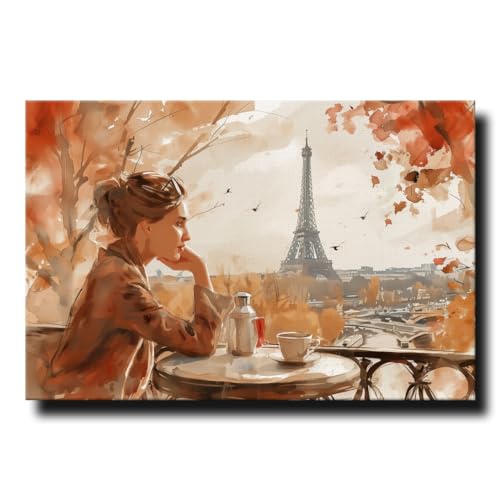 Leinwandbild Coffee in Paris 40 x 60 cm (AUFHÄNGFERTIG) – Romantischer Blick vom Balkon auf den Eiffelturm – Dekoratives Wandbild in Brauntönen für stilvolles Wohnambiente von daazoo