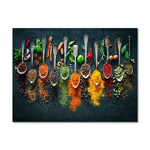 daazoo Leinwandbild Vivid Spices and Spoons | Bild auf Leinwand mit Gewürzen | Querformat | Motiv mit Peperoni Zimt Pfeffer Löffel | Wanddeko Home Kunstdruck | Küche Esszimmer Wohnzimmer | 80 x 60 cm von daazoo