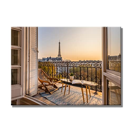 Leinwandbild Window View Paris | Fensterblick | 50 x 70 cm Querformat | Bild auf Leinwand | Paris Frankreich Aussicht Ausblick Eiffelturm | Deko | modern | Wohnzimmer Schlafzimmer Büro Home Büro von daazoo