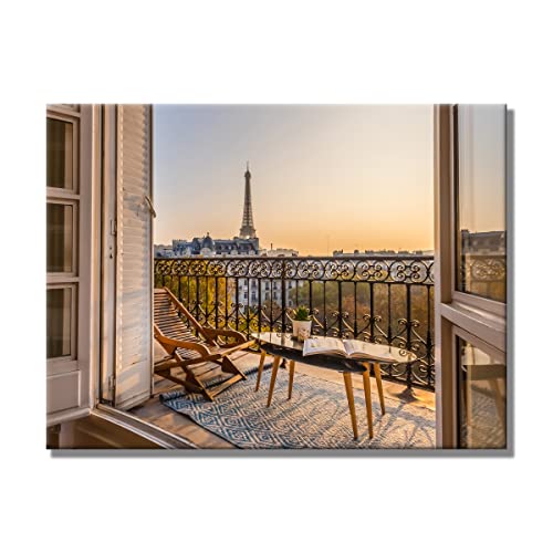 Leinwandbild Window View Paris | Fensterblick | 60 x 80 cm Querformat | Bild auf Leinwand | Paris Frankreich Aussicht Ausblick Eiffelturm | Deko Einrichtung | modern elegant | Wohnzimmer Schlafzimmer von daazoo