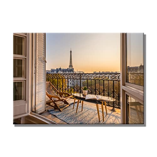 Leinwandbild Window View Paris | Fensterblick | 70 x 100 cm Querformat | Bild auf Leinwand | Paris Frankreich Aussicht Eiffelturm | Deko Einrichtung | modern elegant | Wohnzimmer Schlafzimmer | XL von daazoo