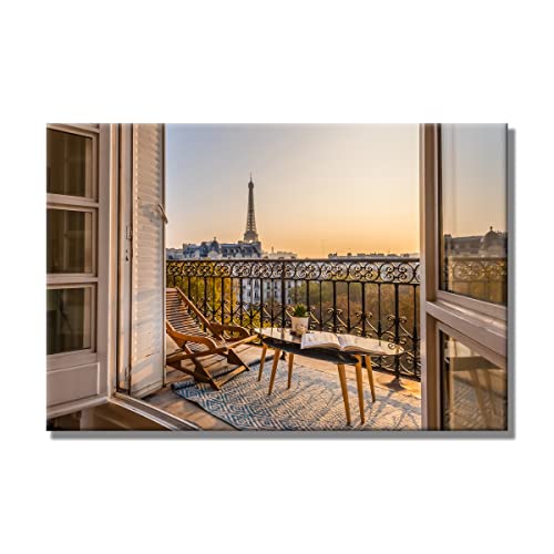 Leinwandbild Window View Paris | Fensterblick | 80 x 120 cm Querformat | Bild auf Leinwand | Paris Frankreich Aussicht Fenster Eiffelturm | Deko Einrichtung | elegant | Wohnzimmer Schlafzimmer XL Büro von daazoo