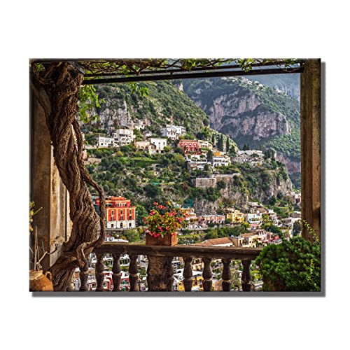 Leinwandbild Window View Positano | Fensterblick | 40 x 50 cm Querformat | Bild auf Leinwand | Berühmtes Dorf in Italien Aussicht | Deko Einrichtung | modern elegant | Wohnzimmer Schlafzimmer Büro von daazoo