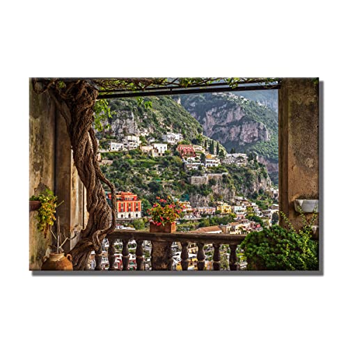 Leinwandbild Window View Positano | Fensterblick | 80 x 120 cm Querformat | Bild auf Leinwand | Berühmtes Dorf in Italien Aussicht Fenster | Deko | modern elegant | Wohnzimmer Schlafzimmer XL Büro von daazoo