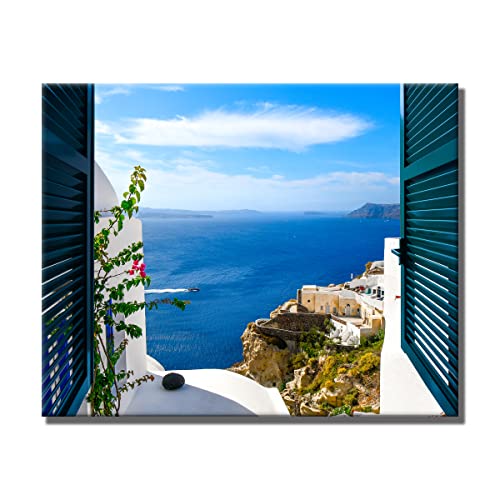 Leinwandbild Window View Santorini Griechenland | Fensterblick | 40 x 50 cm Querformat | Bild auf Leinwand | Insel Meer Aussicht Blumen Berge | Deko | modern elegant | Wohnzimmer Schlafzimmer Küche von daazoo