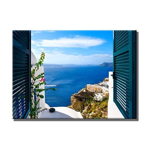 Leinwandbild Window View Santorini Griechenland | Fensterblick | 50 x 70 cm Querformat | Bild auf Leinwand | Insel Meer Aussicht Blumen Berge | Deko Einrichtung | modern | Wohnzimmer Schlafzimmer Büro von daazoo