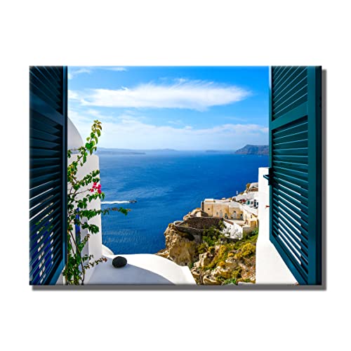 Leinwandbild Window View Santorini Griechenland | Fensterblick | 60 x 80 cm Querformat | Bild auf Leinwand | Insel Meer Aussicht Blumen Berge | Einrichtung | modern | Wohnzimmer Schlafzimmer Küche von daazoo