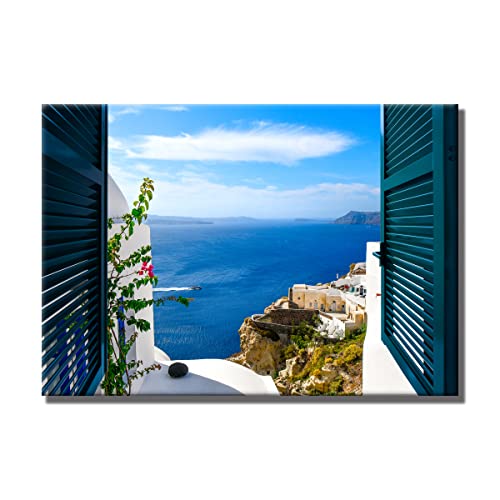 Leinwandbild Window View Santorini Griechenland | Fensterblick | 70 x 100 cm Querformat | Bild auf Leinwand | Insel Meer Aussicht Blumen Berge | Einrichtung | modern elegant | Wohnzimmer Schlafzimmer von daazoo