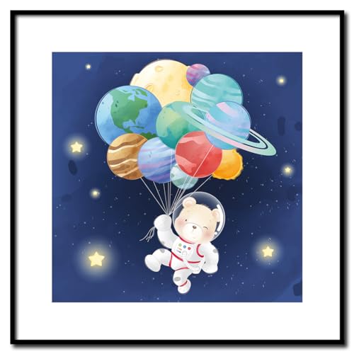Rahmenbild Astro Bear | Wandbild mit Rahmen schwarz | Bild Motive für Kinder | Bär als Astronaut im Weltraum Luftballons Planeten | Geschenkidee | Kinderzimmer | weiß rosa blau gelb | 50 x 50 cm von daazoo