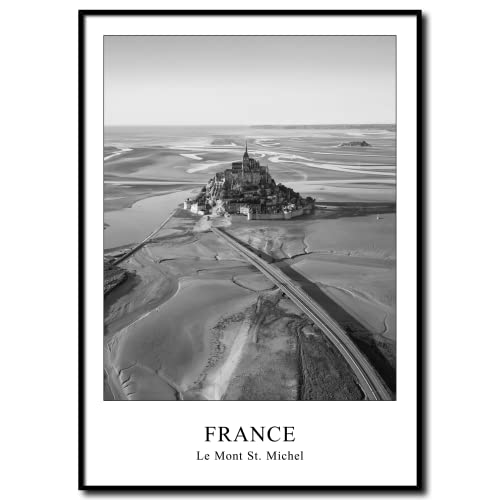 daazoo Gerahmtes Bild Mont Saint Michel | Wandbild Rahmenbild | Frankreich Natur Felsen Insel Wattenmeer Bucht Meer Normandie | Bild schwarzweiss schwarz weiß mit Rahmen | 50 x 70 cm von daazoo