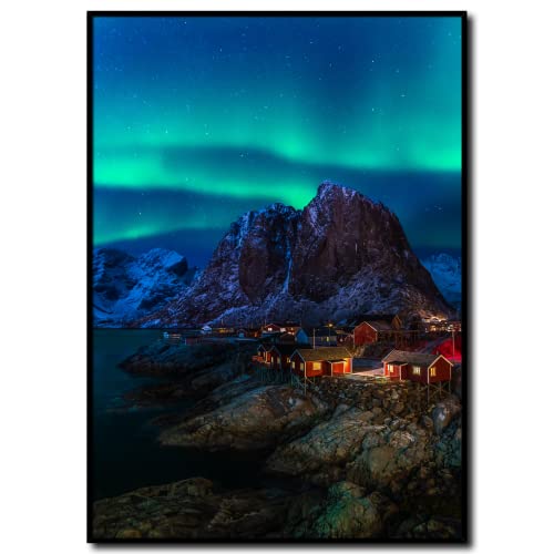daazoo Rahmenbild Lofoten 2 | Wandbild mit Rahmen schwarz | Polarlichter über den Lofoten | Norwegen Aurora borealis Nordlicht bei Nacht | groß XXL | Wohnzimmer Schlafzimmer Büro Küche | 50 x 70 cm von daazoo