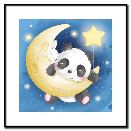 Rahmenbild Moon Panda | Wandbild mit Rahmen schwarz | Bild Motive für Kinder | Panda und Hase auf dem Mond Sterne Weltraum | Geschenkidee | Kinderzimmer | weiß blau gelb | 50 x 50 cm von daazoo