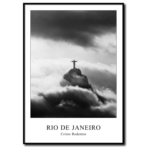 Wandbild Cristo Redentor Brasilien | gerahmtes Bild Rahmenbild | Rio de Janeiro Berg Christusstatue Religion Statue Figur | Bild schwarzweiss schwarz weiß mit Rahmen | 50 x 70 cm von daazoo