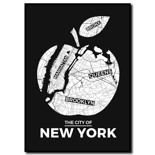 daazoo Bild New York Big Apple mit Rahmen 50 x 70 cm (AUFHÄNGFERTIG) - Stadtplan Brooklyn Manhattan Queens Bronx - Gerahmtes Wandbild - Bilder Set - schwarzweiß schwarzweiss schwarz weiss weiß von daazoo