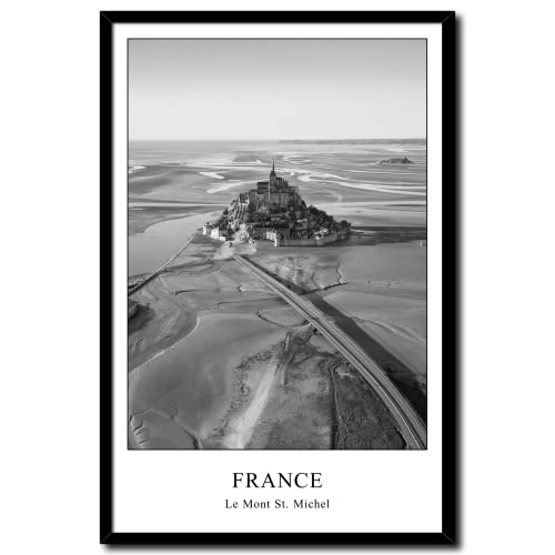 daazoo Gerahmtes Bild Mont Saint Michel | Wandbild Rahmenbild | Frankreich Natur Felsen Insel Wattenmeer Bucht Meer Normandie | Bild schwarzweiss schwarz weiß mit Rahmen | 20 x 30 cm von daazoo