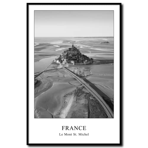daazoo Gerahmtes Bild Mont Saint Michel | Wandbild Rahmenbild | Frankreich Natur Felsen Insel Wattenmeer Bucht Meer Normandie | Bild schwarzweiss schwarz weiß mit Rahmen | 40 x 60 cm von daazoo
