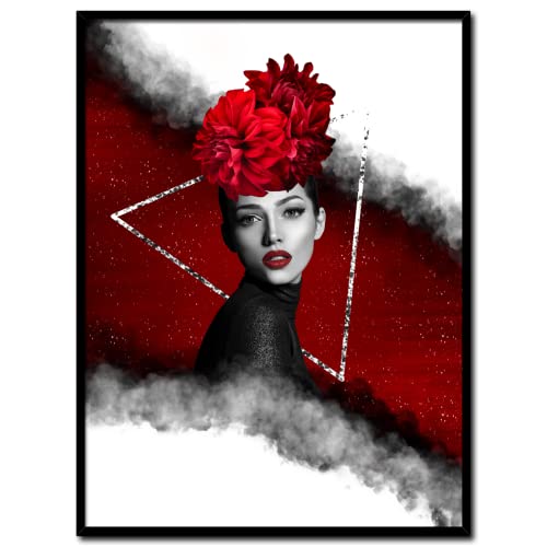 daazoo Gerahmtes Bild Rose Girl Stars on Red | Wandbild mit Rahmen schwarz Hochformat | Frau mit Blumen abstrakt Gesicht | Geschenkidee | schwarz weiß rot | 30 x 40 cm von daazoo
