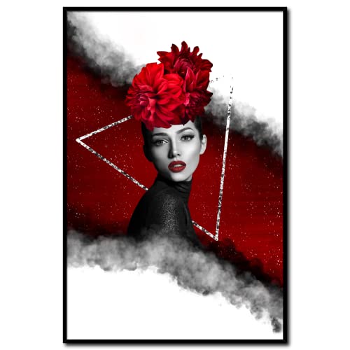 daazoo Gerahmtes Bild Rose Girl Stars on Red | Wandbild mit Rahmen schwarz Hochformat | Frau mit Blumen abstrakt Gesicht | Geschenkidee | schwarz weiß rot | 40 x 60 cm von daazoo