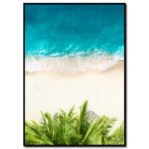 daazoo Gerahmtes Bild White Beach | Bild mit Rahmen schwarz Hochformat | weißer Strand Meer Palmen groß | Meerblick aus der Luft | Wandbild Wohnzimmer Schlafzimmer I 50 x 70 cm von daazoo