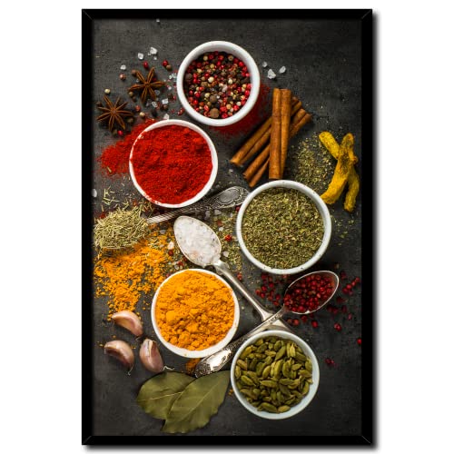 daazoo Küchenbilder Deko Motiv Spice Bowls 20 x 30 cm (MIT RAHMEN) - Frische Motive und lebendige Farben für Ihre Küche - Einfache und schnelle Montage - Bild Schwarz bunt Modern Küchenbild von daazoo