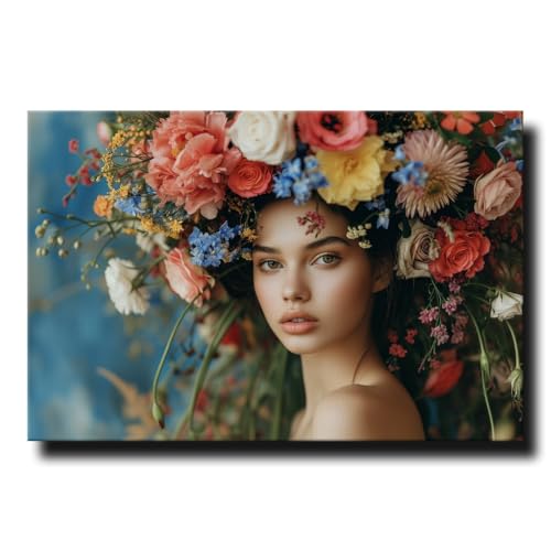 daazoo Leinwandbild Flower Crown Beauty 60 x 90 cm (AUFHÄNGFERTIG) – Sinnliche Eleganz für Wohnzimmer und Schlafzimmer – Modernes Deko-Highlight – Frau mit Blumenkopf von daazoo