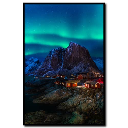 daazoo Rahmenbild Lofoten 2 | Wandbild mit Rahmen schwarz | Polarlichter über den Lofoten | Norwegen Aurora borealis Nordlicht bei Nacht | Natur Wohnzimmer Schlafzimmer Büro Küche | 40 x 60 cm von daazoo