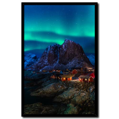 daazoo Rahmenbild Lofoten 2 | Wandbild mit Rahmen schwarz | Polarlichter über den Lofoten | Norwegen Aurora borealis Nordlicht bei Nacht | Set Natur Wohnzimmer Schlafzimmer Büro Küche | 20 x 30 cm von daazoo