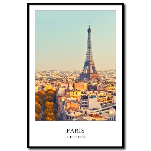 daazoo Rahmenbild Paris La Tour Eiffel | Wandbild mit Rahmen Hochformat | Bild Poster Stadt | Herbst Eiffelturm hell | Geschenkidee | Wohnzimmer Büro | mit Schriftzug farbig | 40 x 60 cm von daazoo