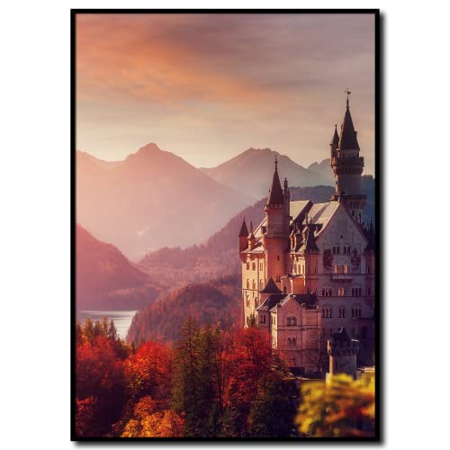 daazoo Rahmenbild Schloss Neuschwanstein | Wandbild mit Rahmen schwarz | Bild Bayern Natur Berge rot Herbst | Wohnzimmer Schlafzimmer Büro Küche Set | 50 x 70 cm von daazoo