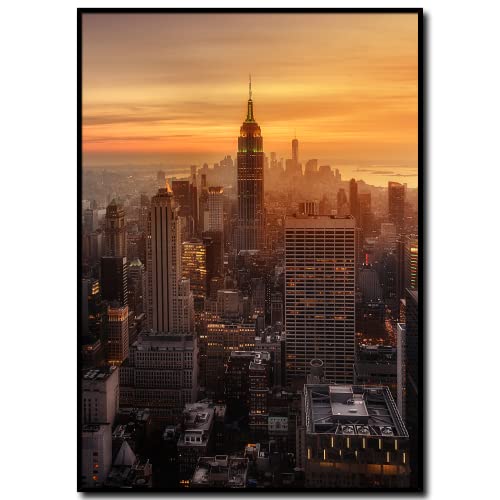 daazoo Wandbild Empire State Building Sunset | 50 x 70 cm Hochformat | Bild mit Rahmen schwarz Hochformat | groß XXL City | New York Wahrzeichen Skyline | Wohnzimmer Büro von daazoo
